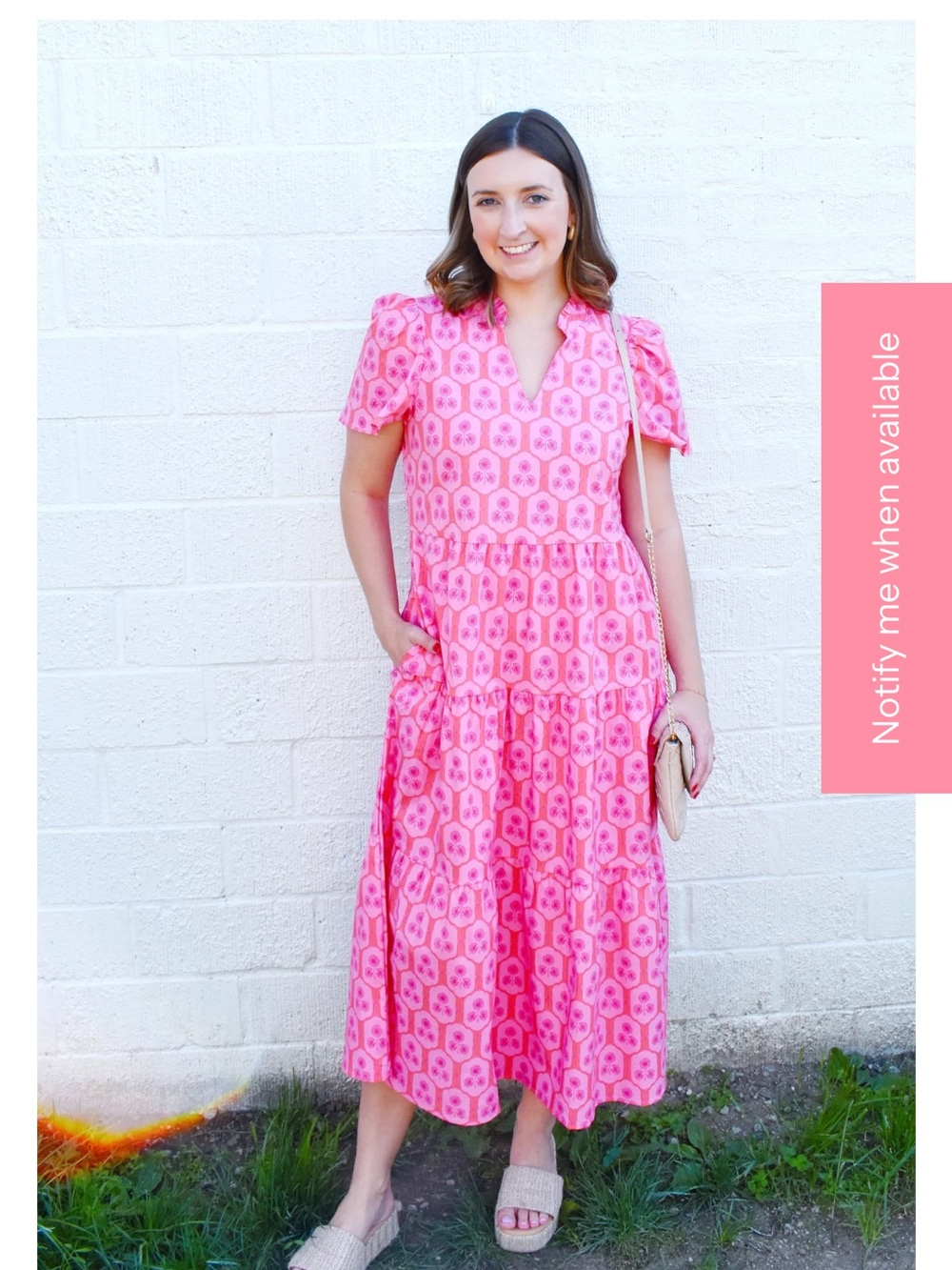 Women's Pink Printed Midi Dress with V-Neck & Puff Sleeves